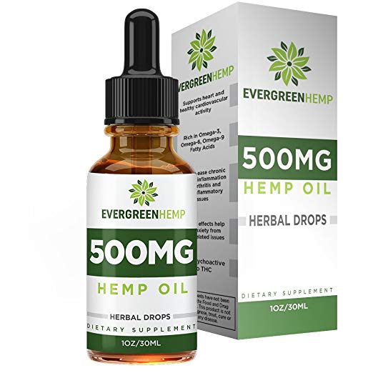 Premium Hemp Oil - All-Natural Ingredients - 500mg Per Bottle - Supports Cardiovascular Health - Encourages Relaxation - 30 Day Supply per Bottle - Evergreen Hemp