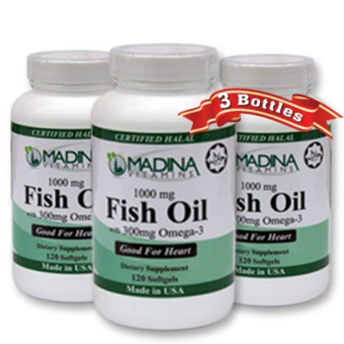 Madina Vitamins Fish Oil (1000 mg) Omega 3 (300 mg) Beef Gelatin with EPA / DHA (3 PACK) Made in USA - Halal Vitamins