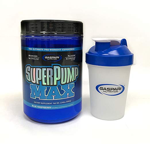 Gaspari Nutrition Super Pump Max 40 Servings with Bonus shaker bottle (Blue Raspberry)